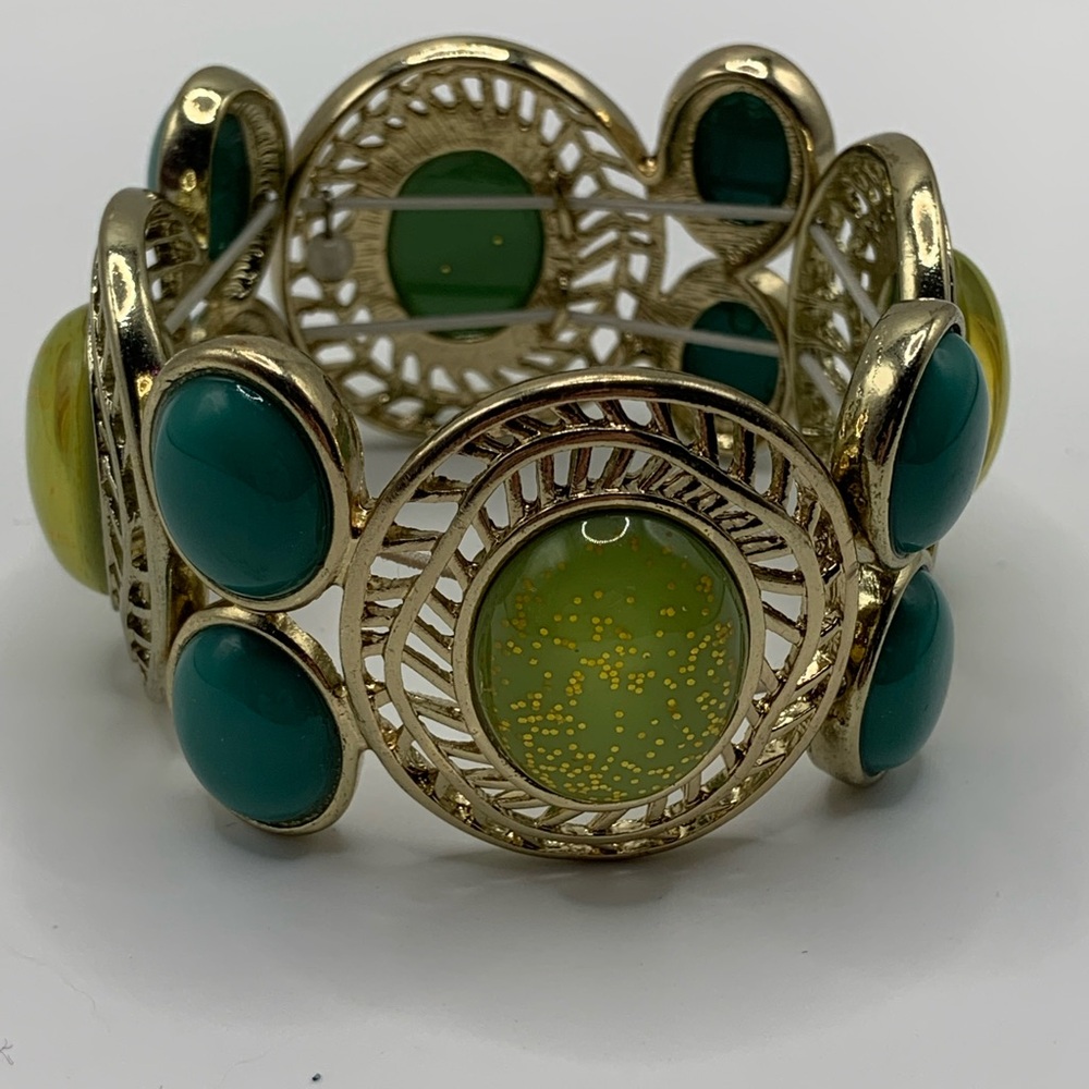 Gold tone Stretch Bracelet Multi Colored Green Acrylic